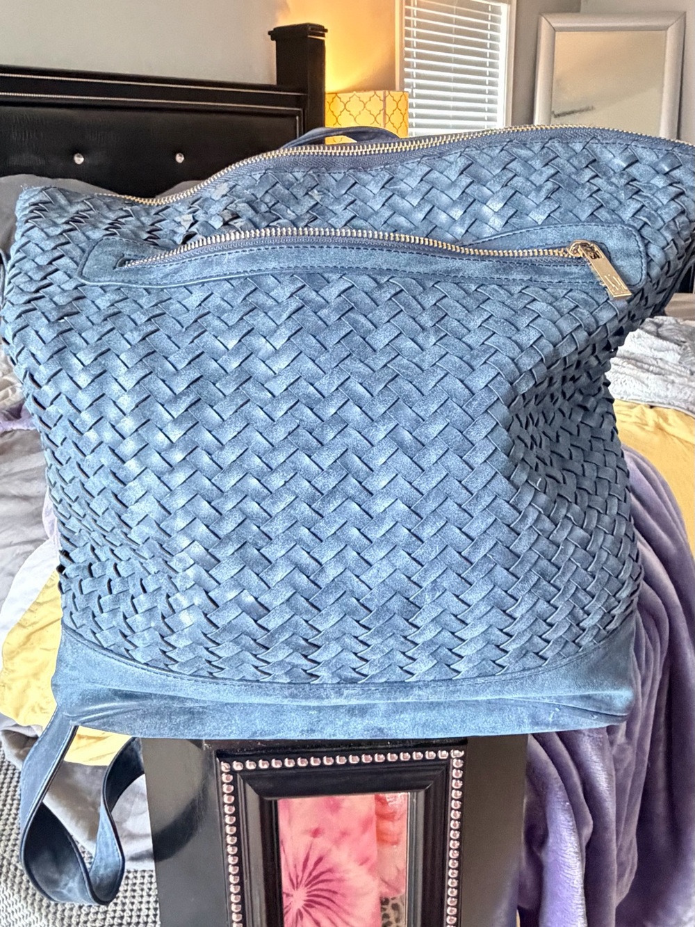 Neiman Marcus Woven Blue Suede Shoulder Bag with Front Zip
